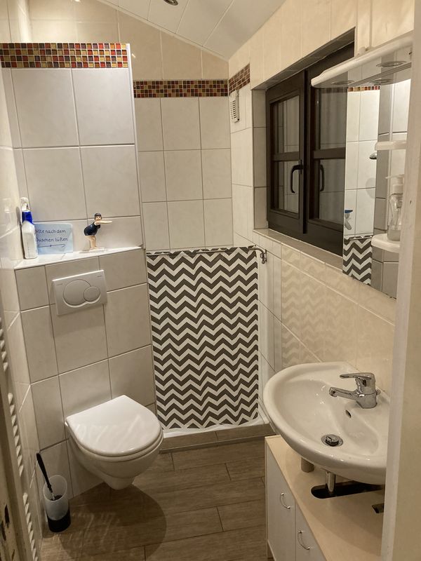 Helles Badezimmer mit Dusche, WC, Waschbecken und Mosaikborte