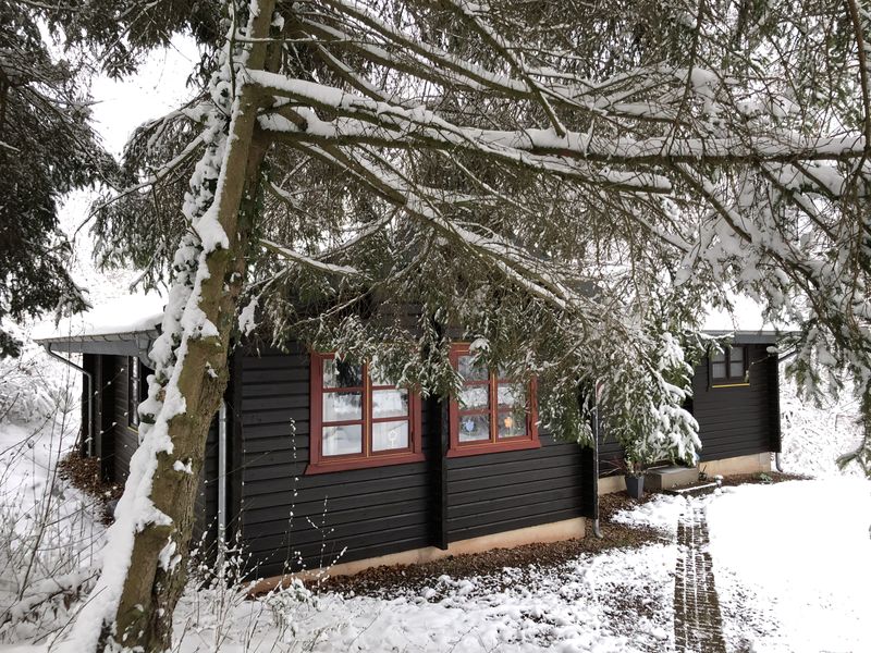 Ferienhaus im Schnee unter verschneiten Tannenzweigen