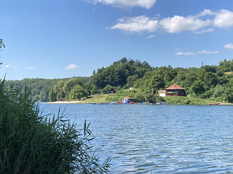 Gegenüberliegendes Ufer des Twistesees mit Booten am Steg und einem Haus im Wald