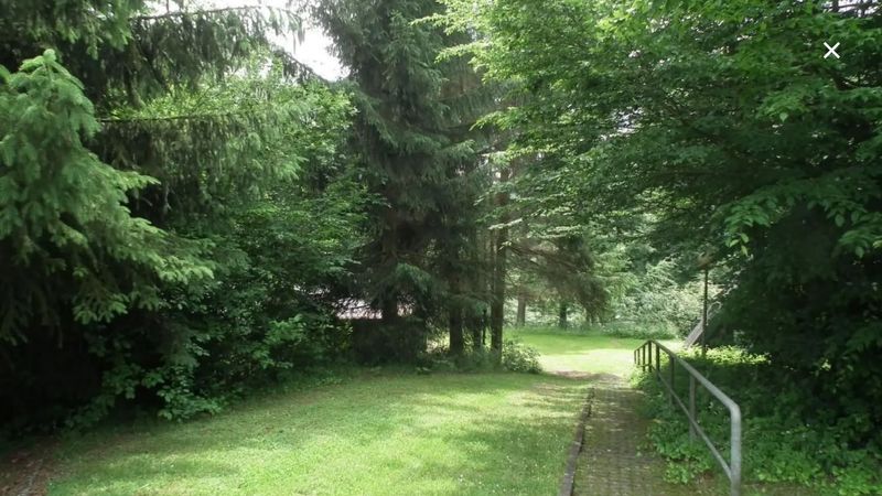 Leicht abschüssiger Weg zwischen Rasen und Bäumen, rechts ein gepflasterter Streifen mit Geländer